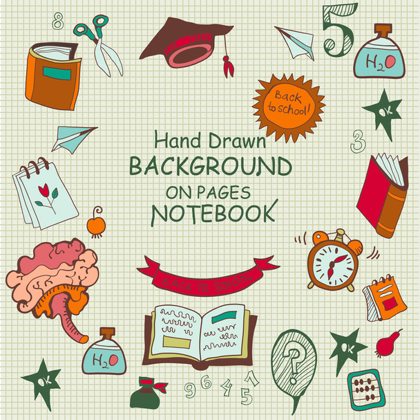 Freehand drawing school items on a sheet of exercise book. - Vector, Image