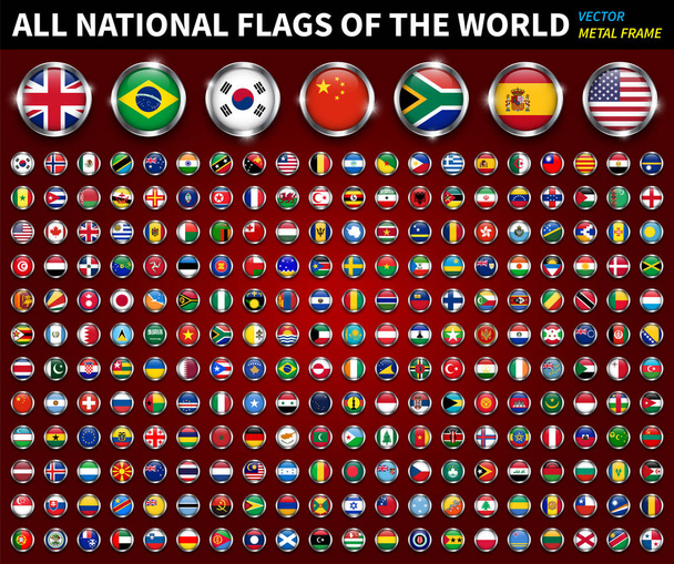 Όλες οι εθνικές σημαίες του κόσμου. Κυκλικό μεταλλικό πλαίσιο με φανταχτερό σχεδιασμό. Κόκκινο φόντο ντεγκραντέ. Διάνυσμα . - Διάνυσμα, εικόνα