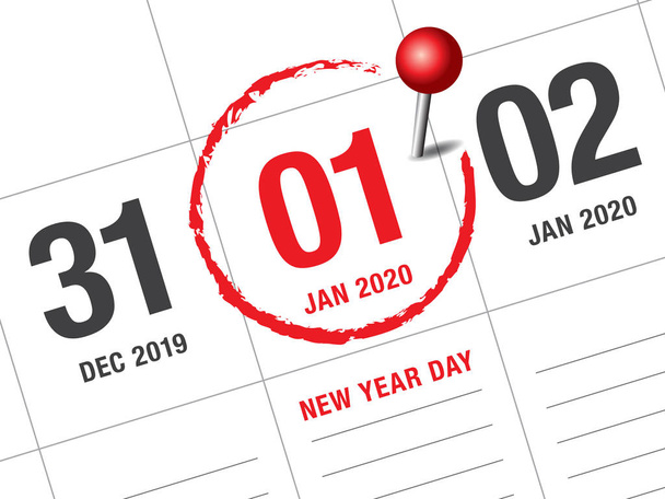 Close-up van de eerste dag van het jaar 2020 op dagboek kalender. - Vector, afbeelding