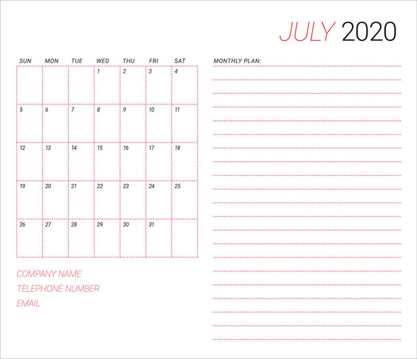 Векторная иллюстрация календаря июля 2020 года
 - Вектор,изображение