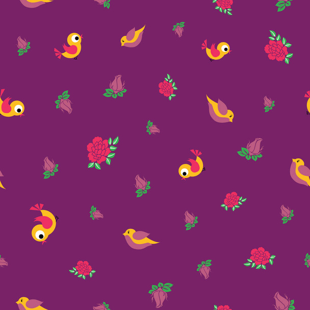 Vector kleine vogels en rozen naadloze patroon - Vector, afbeelding