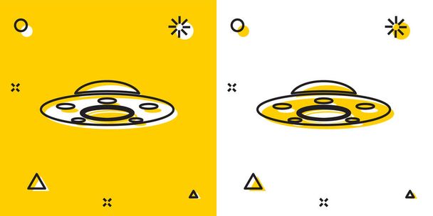 Icona dell'astronave volante UFO nera isolata su sfondo giallo e bianco. Piattino volante. Nave spaziale aliena. Futuristico oggetto volante sconosciuto. Forme dinamiche casuali. Illustrazione vettoriale
 - Vettoriali, immagini