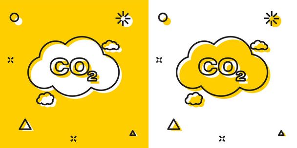 Emisiones de CO2 negro en el icono de la nube aislado sobre fondo amarillo y blanco. Símbolo de fórmula de dióxido de carbono, concepto de contaminación por smog, concepto de medio ambiente. Formas dinámicas aleatorias. Ilustración vectorial
 - Vector, imagen