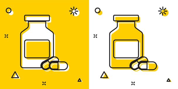 Black Medicine bottle and pills icon isolated on yellow and white background. Bottle pill sign. Pharmacy design. Random dynamic shapes. Vector Illustration - Vector, Image