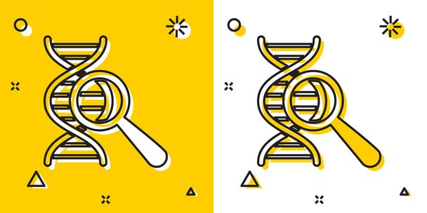 Black DNA research, search icon isolated on yellow and white background. Magnifying glass and dna chain. Genetic engineering, cloning, paternity testing. Random dynamic shapes. Vector Illustration - Vector, Image