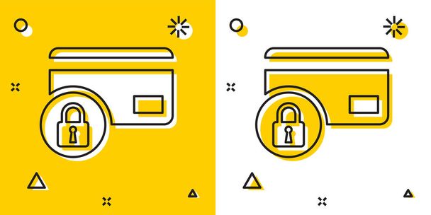 Μαύρη πιστωτική κάρτα με εικονίδιο κλειδώματος απομονώνεται σε κίτρινο και λευκό φόντο. Κλειδωμένη τραπεζική κάρτα. Ασφάλεια, ασφάλεια, έννοια προστασίας. Έννοια της ασφαλούς πληρωμής. Τυχαία δυναμικά σχήματα. Απεικόνιση διανυσματικών φορέων - Διάνυσμα, εικόνα