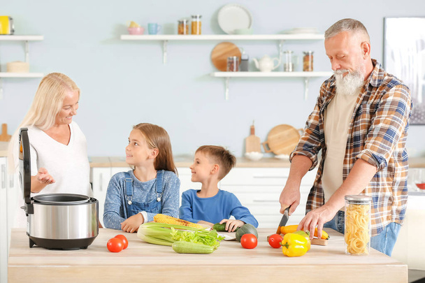 Abuelos y niños pequeños con cocina multicocción moderna en la cocina
 - Foto, Imagen