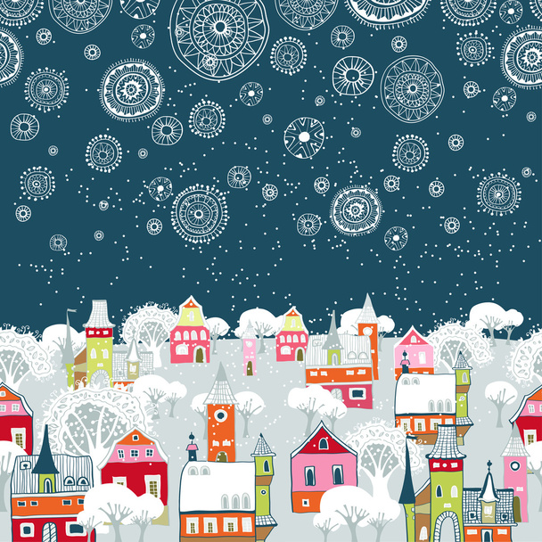 Ilustración vectorial con ciudad invernal, caída de copos de nieve - Vector, Imagen