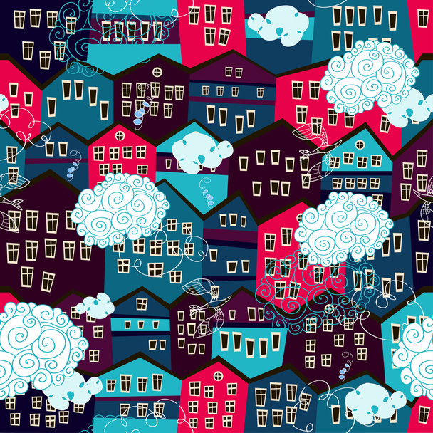 Patrón sin costuras con casas coloridas con nubes
 - Vector, Imagen