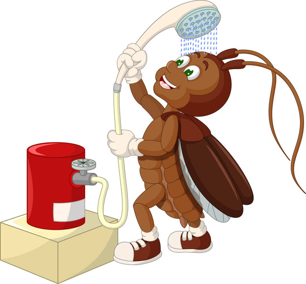 Funny Brown cucaracha tomar un baño con ducha de dibujos animados para su diseño
 - Vector, imagen