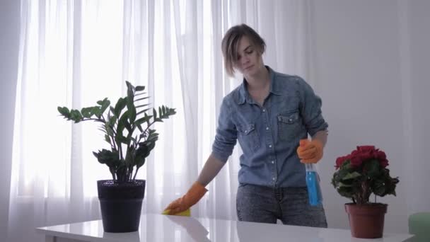 allergie respiratoire, fille adulte dans des gants éternue en raison de détergent pulvérisé pendant le nettoyage de la maison avec des produits chimiques ménagers
 - Séquence, vidéo