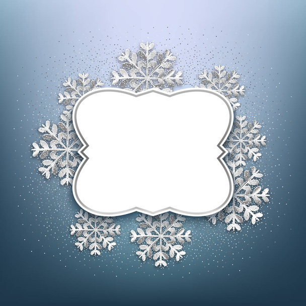 Merry Christmas decorative frame with glitter and snowflakes, bl - Vetor, Imagem