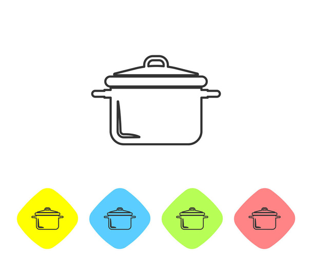 Linha cinza Ícone do pote de cozinha isolado no fundo branco. Ferva ou guisado símbolo de comida. Definir ícone em botões de losango de cor. Ilustração vetorial
 - Vetor, Imagem