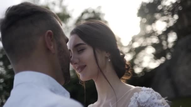 Close-up weergave van mooie gelukkige bruidspaar staande in het Park, glimlachend en knuffelen met vervaagde vormen van bomen op de achtergrond. Actie. Een Storybook bruiloft - Video