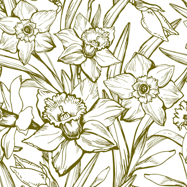 Narcissus flower. Floral botanical monochrome seamless pattern. - Vektor, Bild