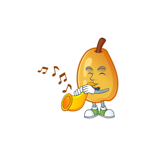 With trumpet ripe fragrant pear fruit cartoon character - Вектор,изображение