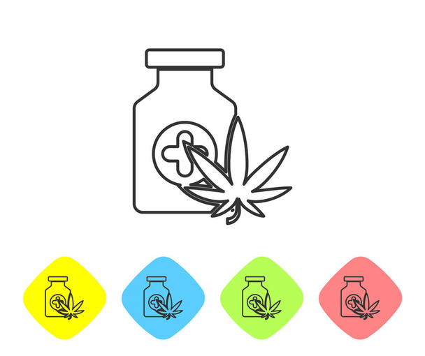 Graue Linie Medizinische Flasche mit Marihuana oder Cannabisblatt Symbol isoliert auf weißem Hintergrund. Attrappe von Cannabisöl-Extrakten in Gläsern. Setzen Sie Symbole in farbigen Rautenknöpfen. Vektorillustration - Vektor, Bild