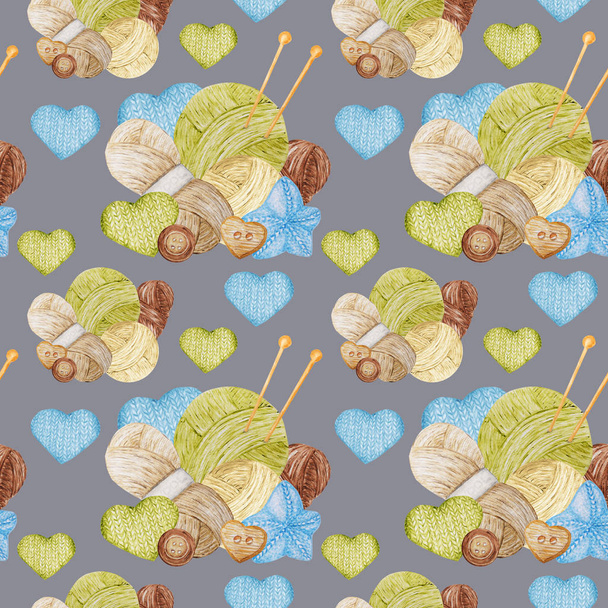 Watercolor Seamless pattern Hobby Knitting. Collection of hand drawn light blue, green, beige, brown colors elements of knitting needles, crochet hook, knitted heart and buttons. - Photo, Image