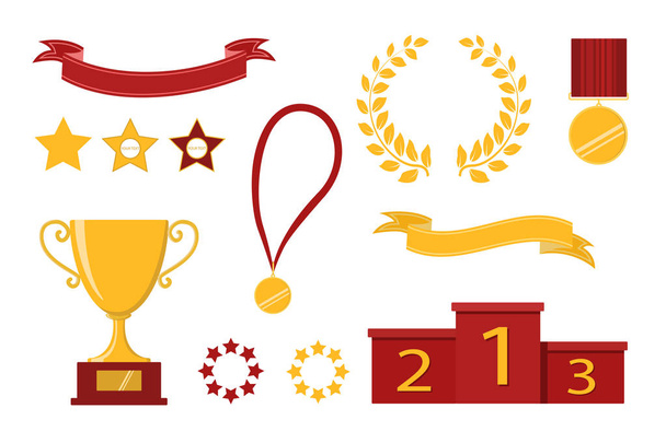 Iconos de premio. Sitio web. Conjunto de copas de trofeos, cintas, estrellas, corona de laurel, podio de ganadores. Ilustración vectorial
 - Vector, Imagen