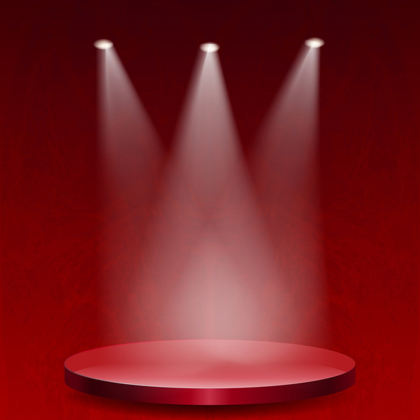 Leere Bühne beleuchtet mit Lichtern auf rotem Grunge-Hintergrund - Vektor, Bild