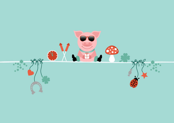 New Year Eve Sitting Pig Sunglasses And Symbols Turquoise
 - Вектор,изображение