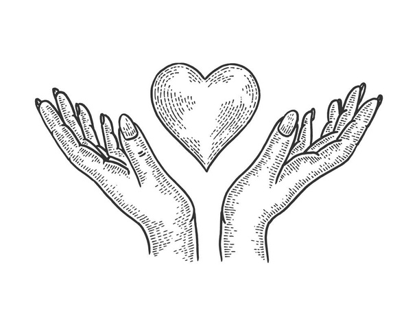 Hands and heart symbol Blood donation sketch engraving vector illustration. Tee shirt apparel print design. Scratch board style imitation. Black and white hand drawn image. - Vektor, kép