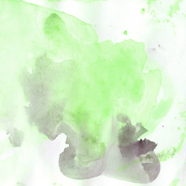 Watercolor illustration. Texture. Watercolor transparent stain. Blur, spray. Bright green color. - 写真・画像