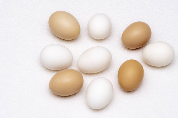 Whole white and brown eggs spread on a white surface - Фото, изображение