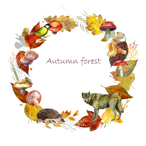 Watercolor illustration, frame. Autumn forest. Watercolor mushrooms, leaves, animals. Wolf, hedgehog. - Fotoğraf, Görsel