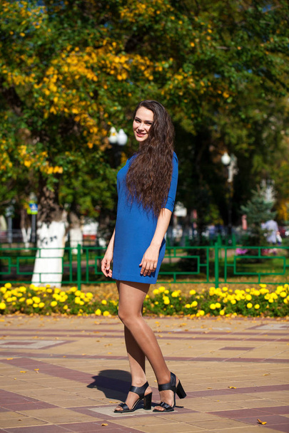 Young beautiful woman in dark blue dress walking on the summer s - Photo, Image