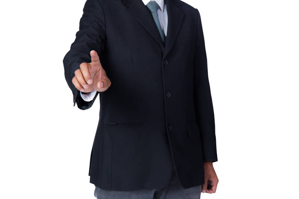 Άνθρωπος αγγίζοντας το χέρι εικονική οθόνη απομονώνεται σε λευκό φόντο - Φωτογραφία, εικόνα