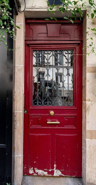 Red painted wooden door with reflective glass window protected by ornate metal gratings. Antique building entrance in Paris France. Architecture details. Travel Europe. - 写真・画像