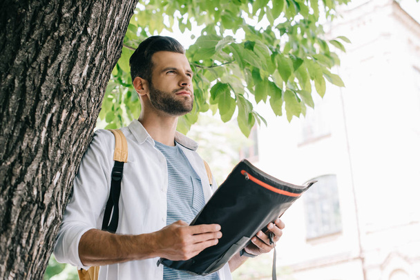 low angle view of bearded man holding map near tree  - Foto, Imagem