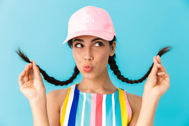 Image of seductive brunette girl wearing summer dress and cap to - Foto, Imagem