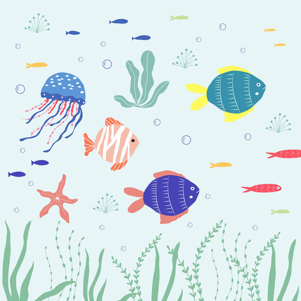 Underwater creatures  fish, jellyfish, clownfish, seaplants and  - Vector, Imagen