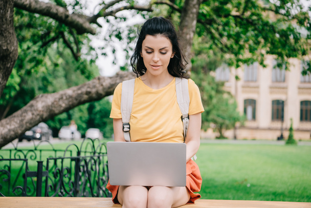  attraktive Frau sitzt auf Bank und benutzt Laptop  - Foto, Bild