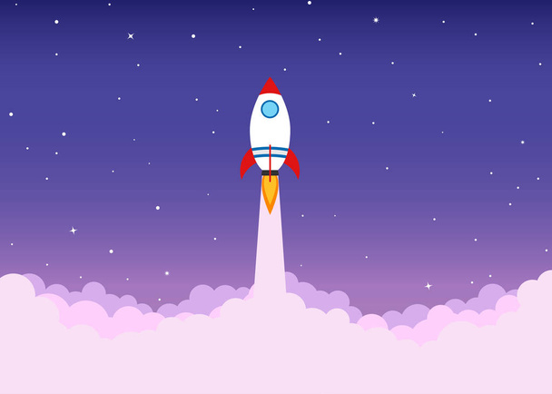 Lanzamiento de cohetes volando sobre la nube en el cielo - concepto de banner de inicio de negocio
 - Vector, imagen