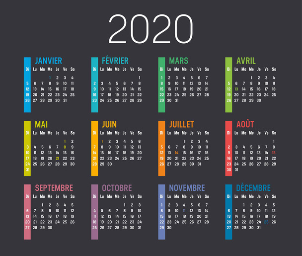 Year 2020 French calendar - Vector, Image