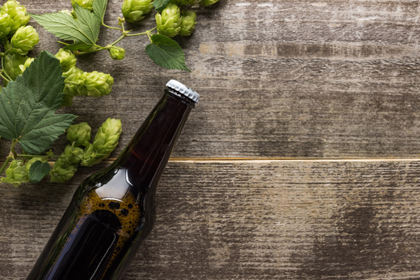 felülnézet a sör barna palackban zöld hop fa háttér - Fotó, kép