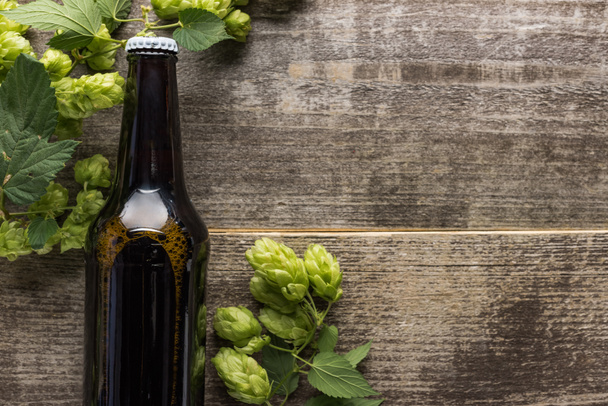 top view of fresh beer in bottle with green hop on wooden background - Fotó, kép