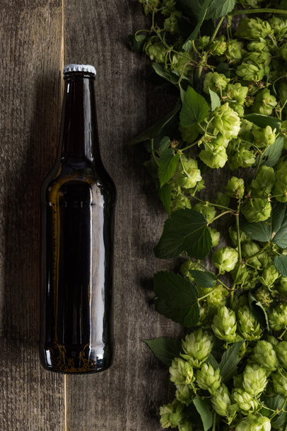 top view of beer in bottle near hop on wooden background - Foto, Bild