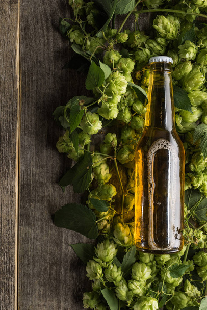top view of beer in bottle on green hop on wooden background - Foto, afbeelding