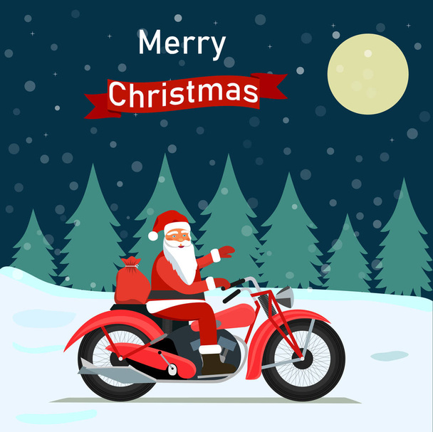 Funny Santa Claus con regalos de Navidad en una bicicleta y pino en el cielo nocturno con fondo de estrellas. Tarjeta de año nuevo de Santa bicicleta
 - Vector, imagen