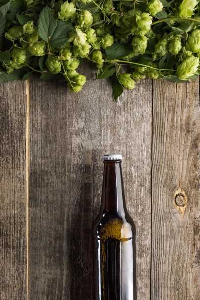 top view of beer in bottle with green hop above on wooden table - Foto, imagen
