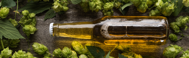 vista superior de la cerveza fresca en botella con lúpulo verde sobre fondo de madera, plano panorámico
 - Foto, imagen