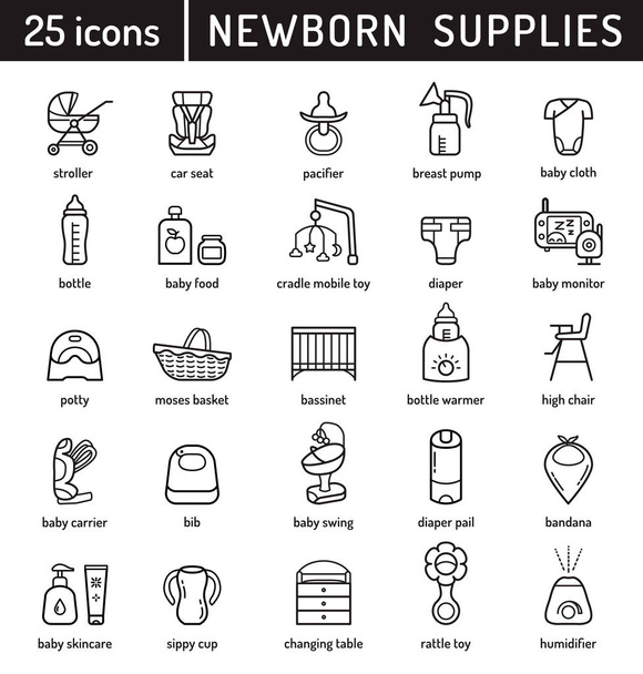 Újszülött cuccok, Baby Shower, babák felszerelés, Kids Shop, Gyermekárucikkek. Az anyaság és a gyermekkori lineáris vektor ikonok. - Vektor, kép