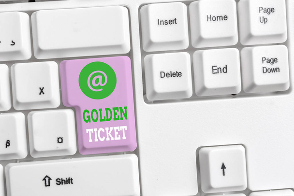 Text sign showing Golden Ticket. Conceptual photo Rain Check Access VIP Passport Box Office Seat Event White pc keyboard with empty note paper above white background key copy space. - Photo, Image