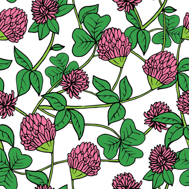 Hand drawn ink and color seamless vector floral pattern. Bright pink clover flowers with green leaves on white background - Vector, Image