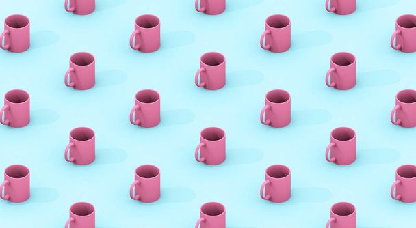 pink mugs pattern on blue background 3d rendering - Foto, Imagem