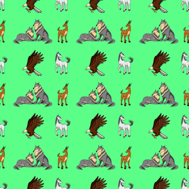 Vector pattern, many wildlife, wolf, eagle, deer, horse. - Vector, Image